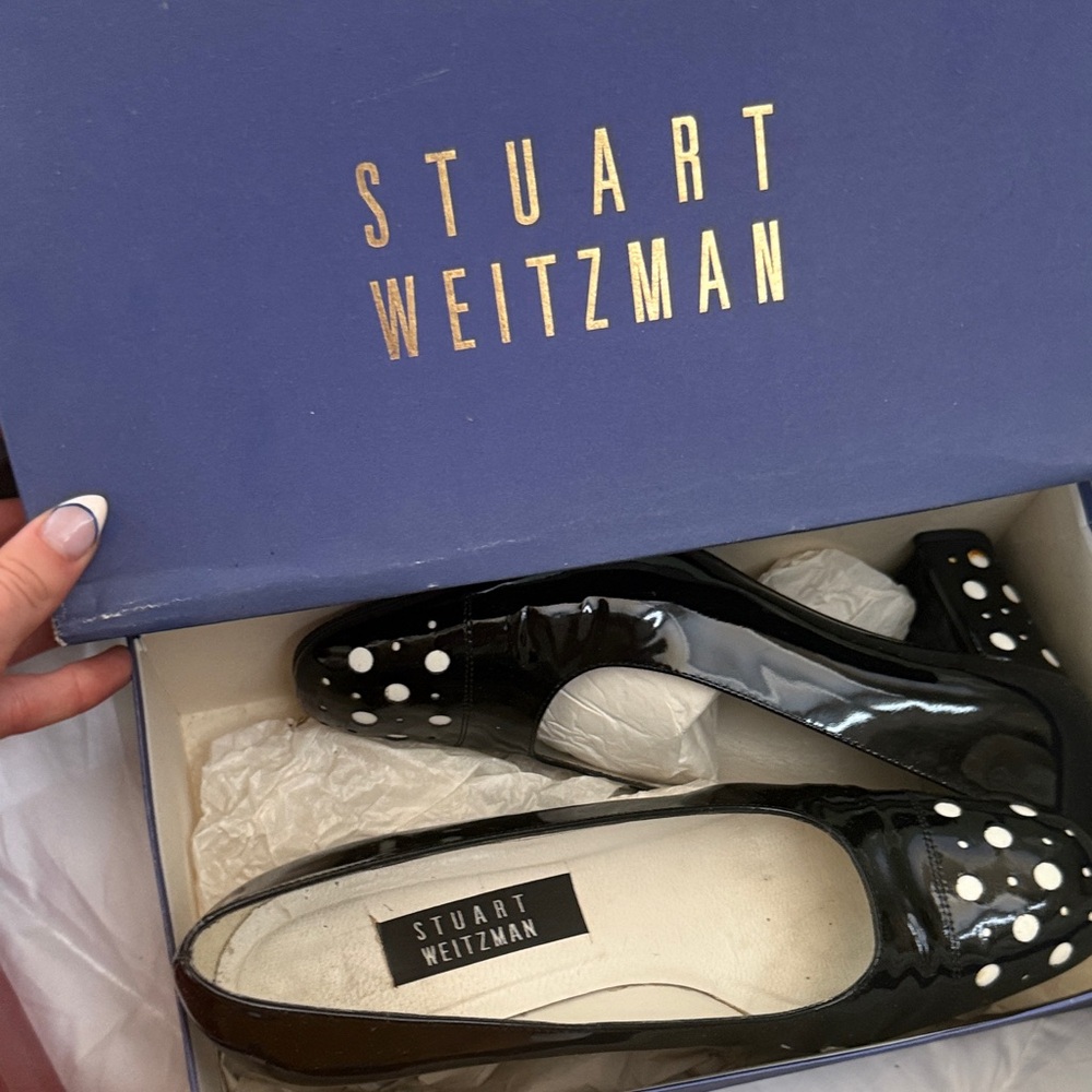 Stuart Weitzman Black Flats with White Polka Dots